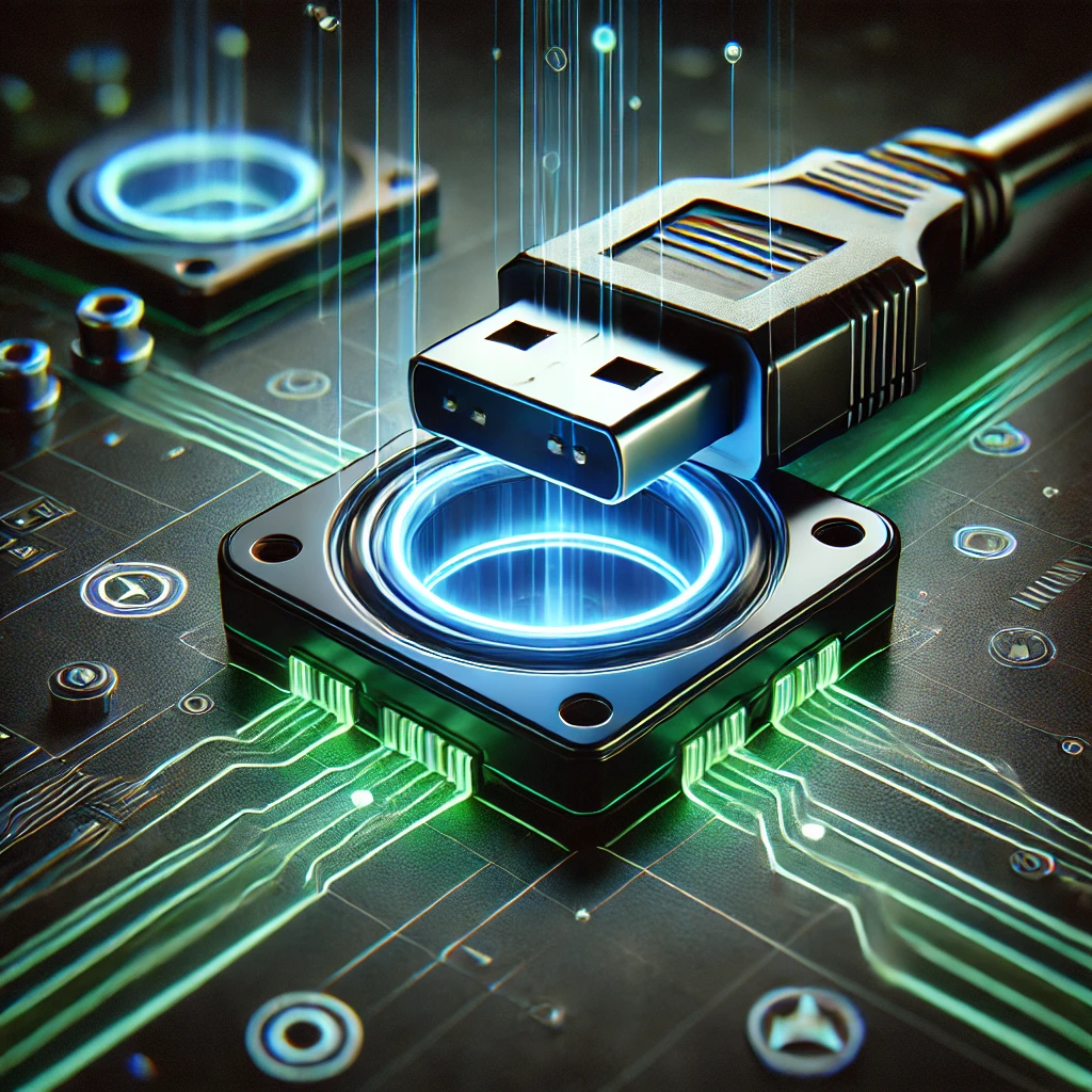 A futuristic rendition of a USB male tip pluging into a motherboard