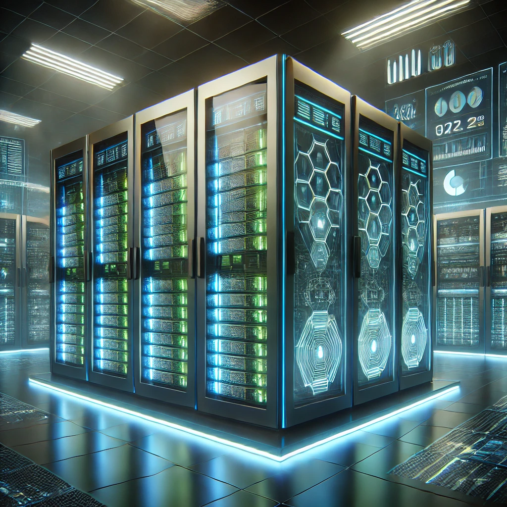 A cyberpunk styled data center hosting rack