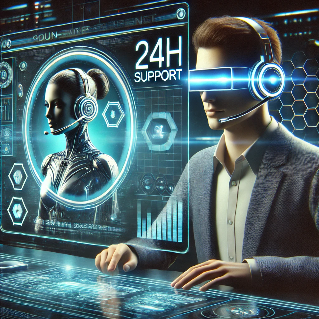 A tech support operative sat infront of a futuristic monitor wearing a headset